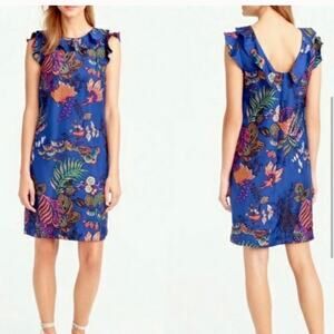 J Crew Dress Silk Ruffle Tropical Floral Wedding Cocktail Party Blue Size 2